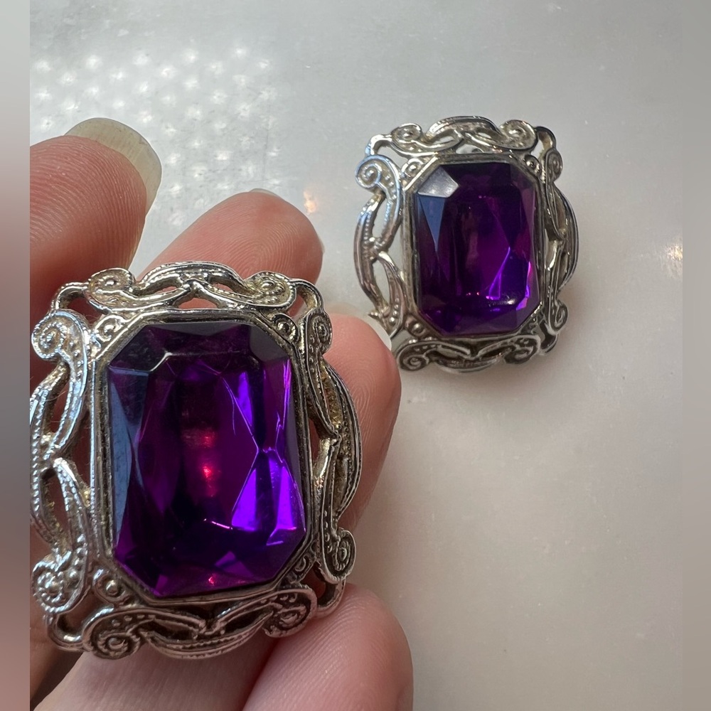 Vintage Purple Faceted Statement Clip-On Earrings Silver Tone Ornate - Picture 3 of 5